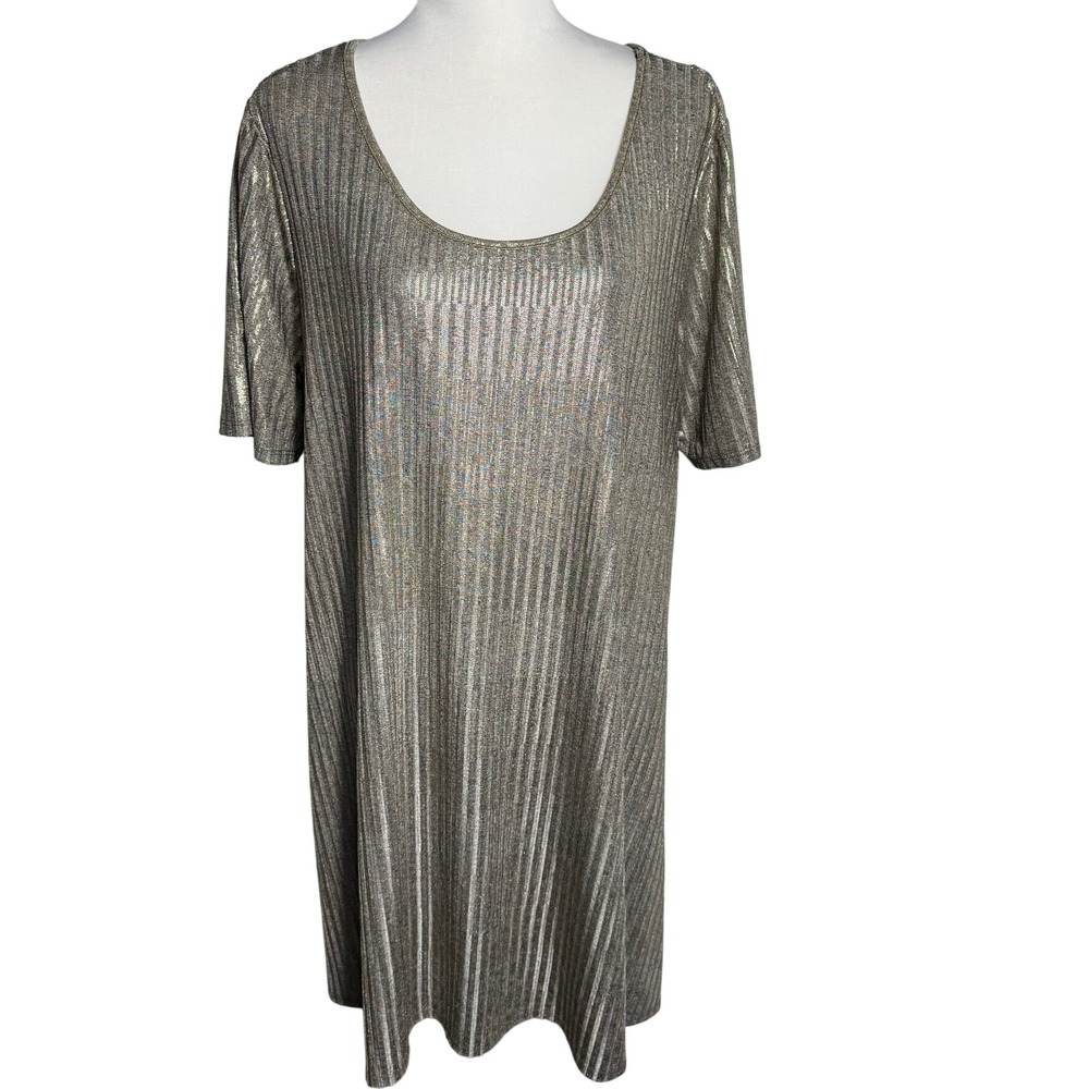 ESPRESSO Women's 2X Gold Metallic Striped Short Sleeve Scoop Neck Midi Dress Y2K